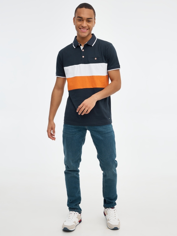 Orange and white color block polo shirt navy front view