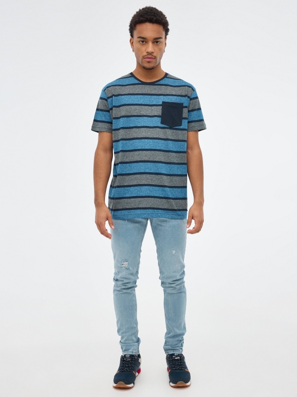 Striped T-shirt with pocket navy front view