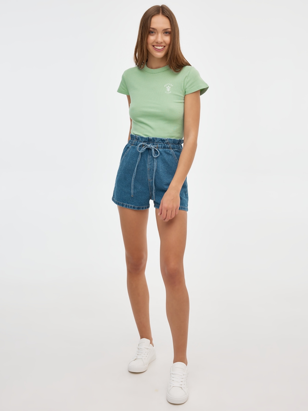 Baggy denim shorts with elastic waist dark blue front view