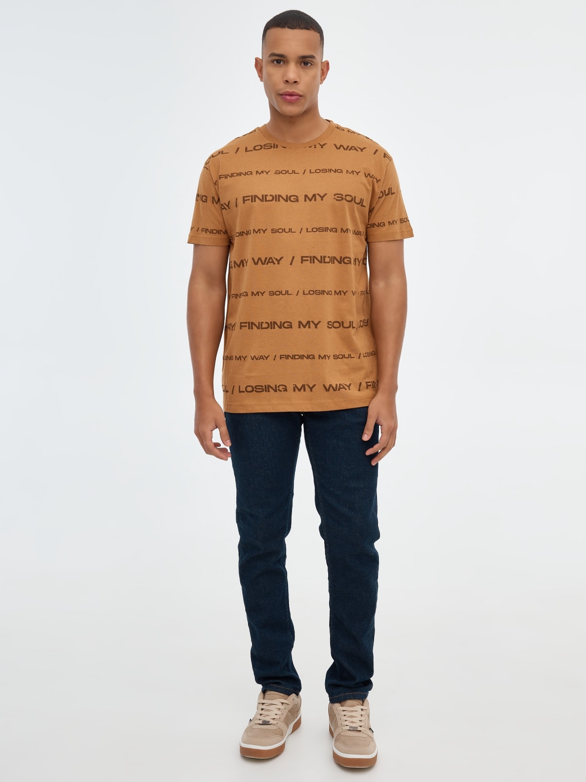 T-shirt printed words light brown front view