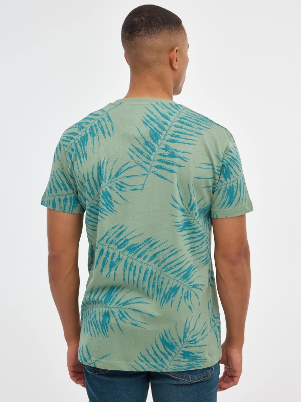 Palm leaves print t-shirt olive green middle back view