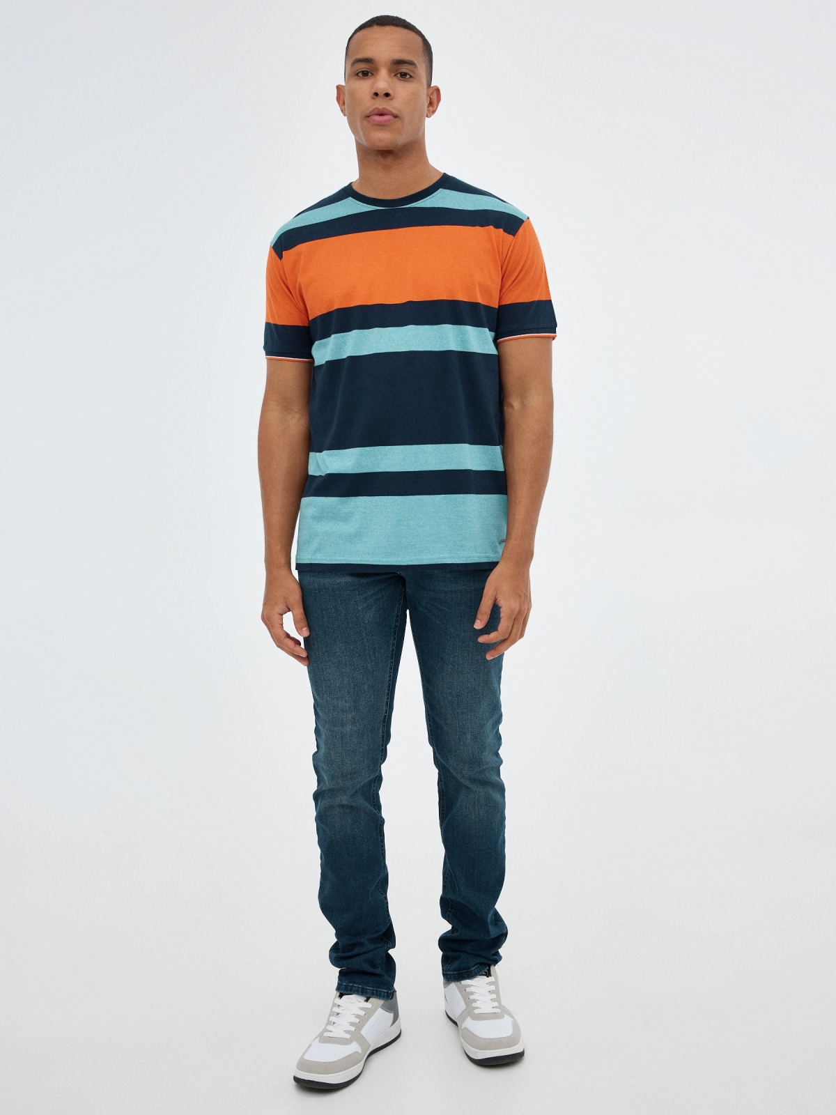 Blue and orange striped T-shirt blue front view