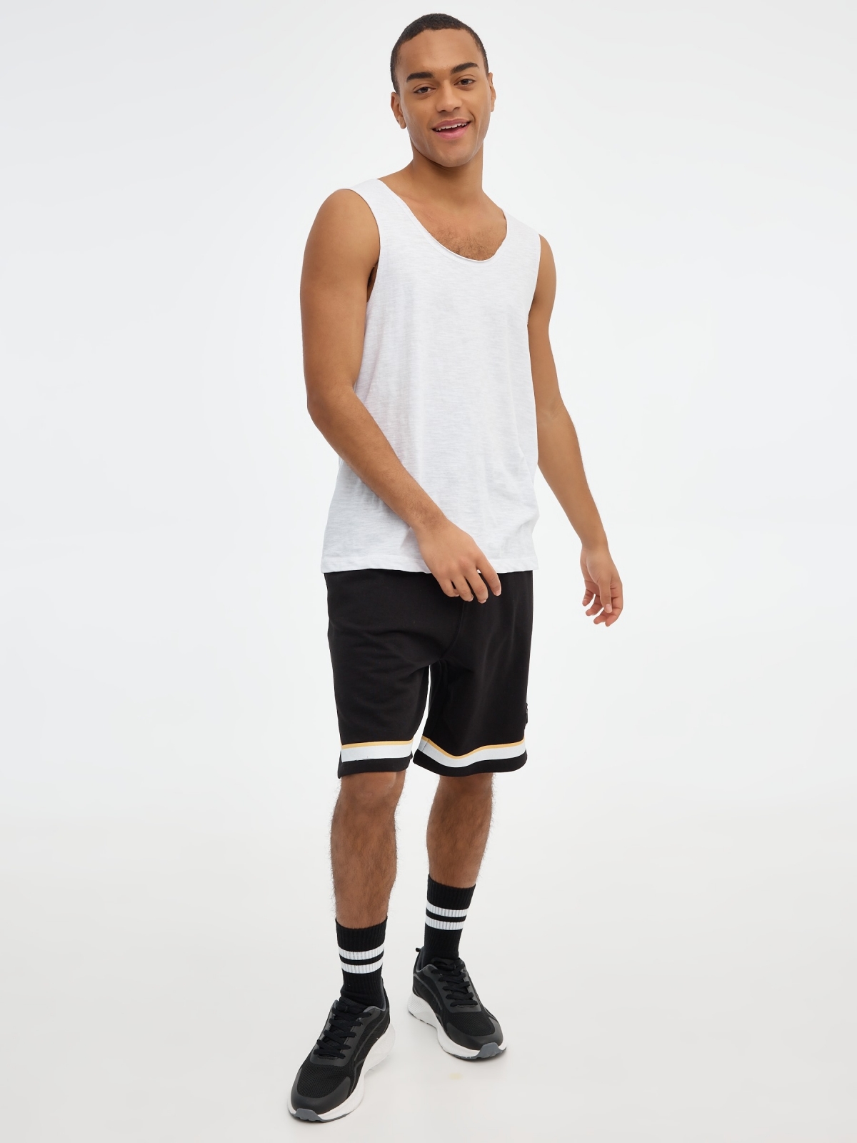 Bermuda jogger shorts with stripes black front view