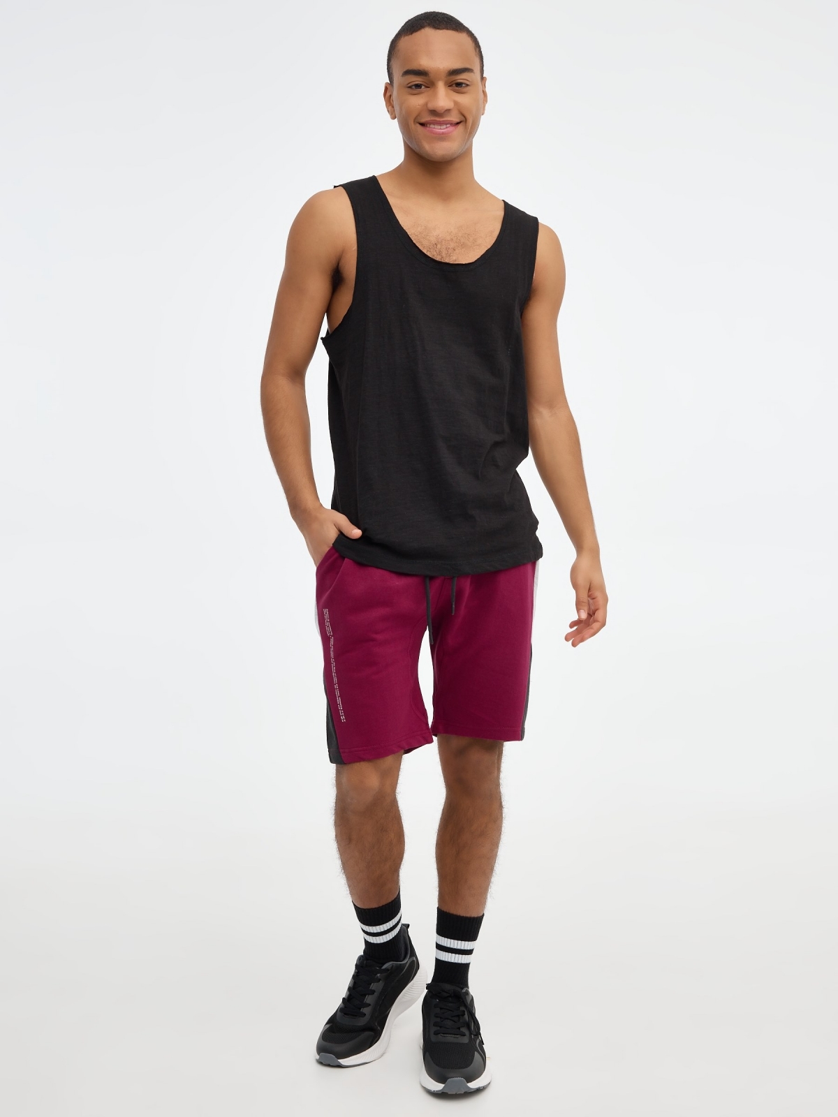 Bermuda jogger shorts maroon block color garnet front view