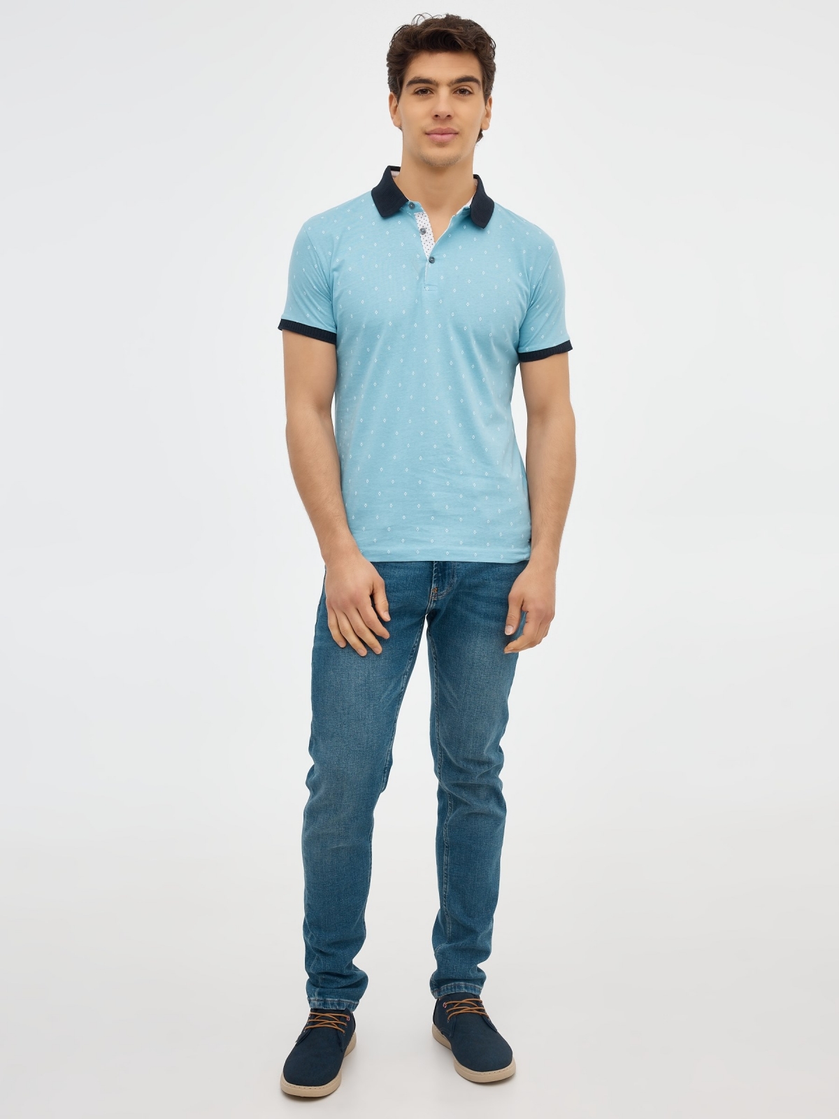 Mini print polo shirt light blue front view