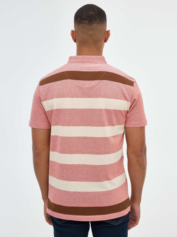 Mao collar striped polo shirt brick red middle back view