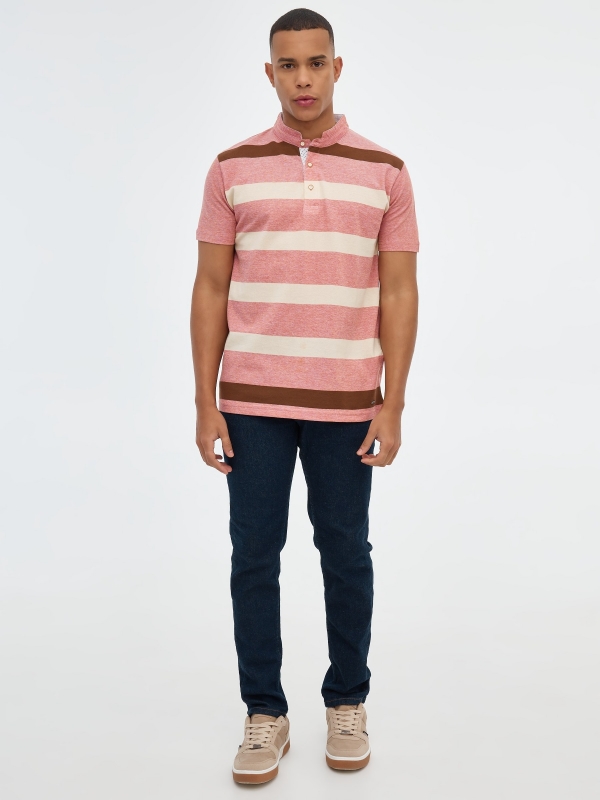 Mao collar striped polo shirt brick red front view