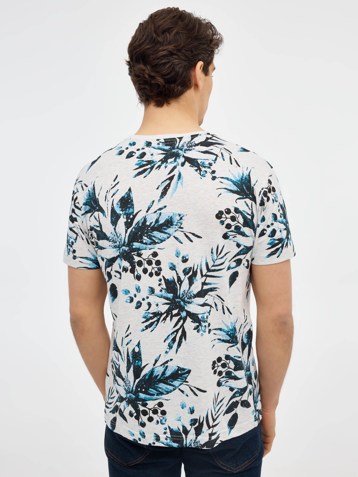 T-shirt de impressão tropical com texto cinza vista meia traseira