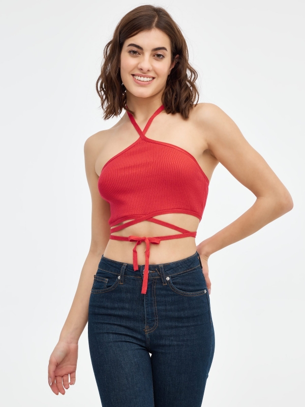 Halter top with straps red middle front view