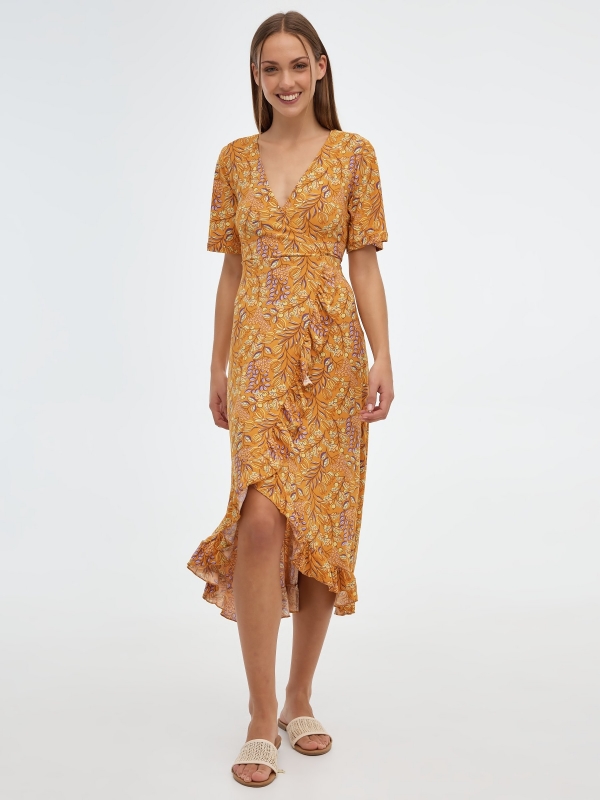 Yellow floral midi dress orange middle front view