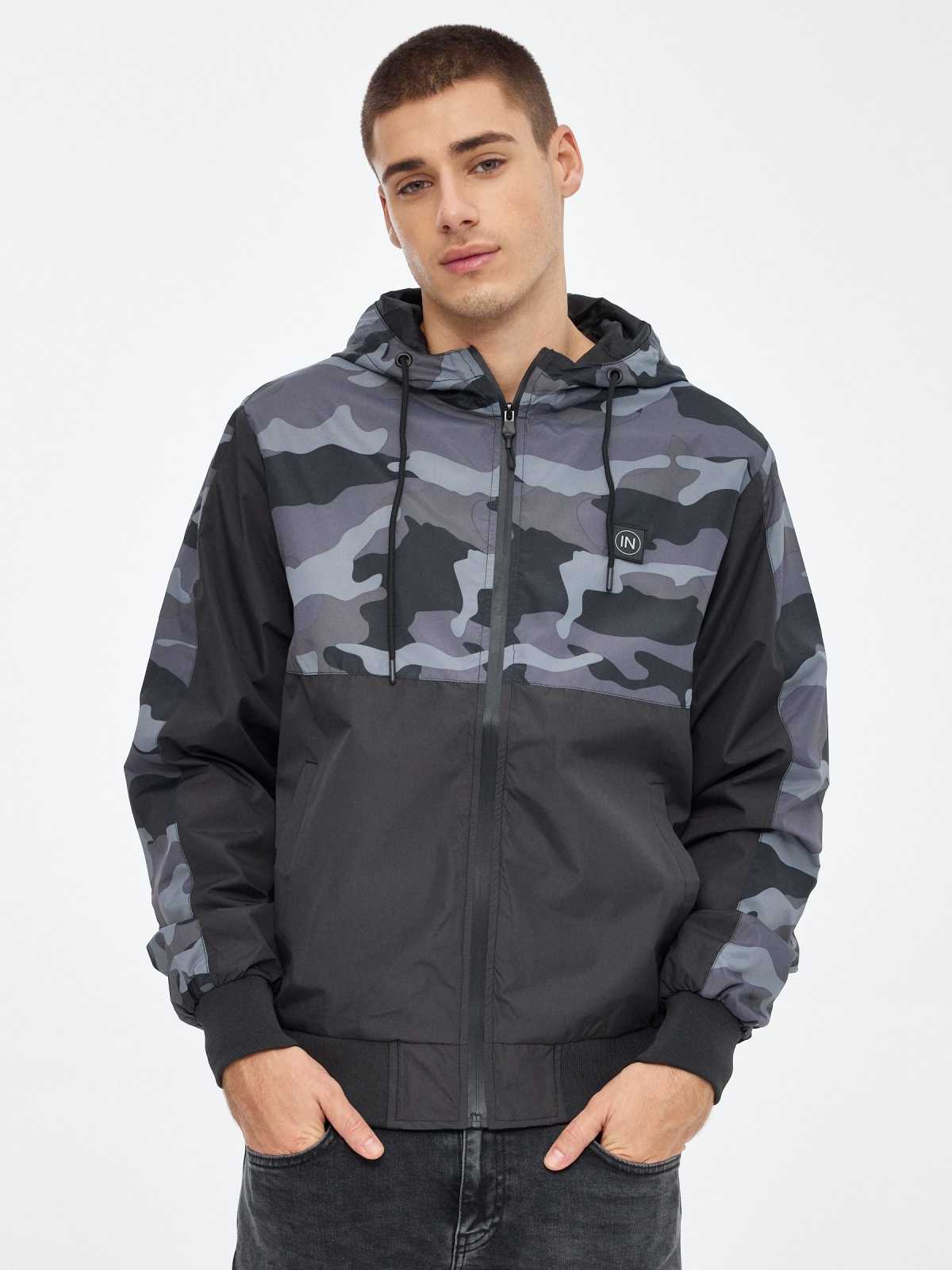 Lightweight hooded jacket black middle front view