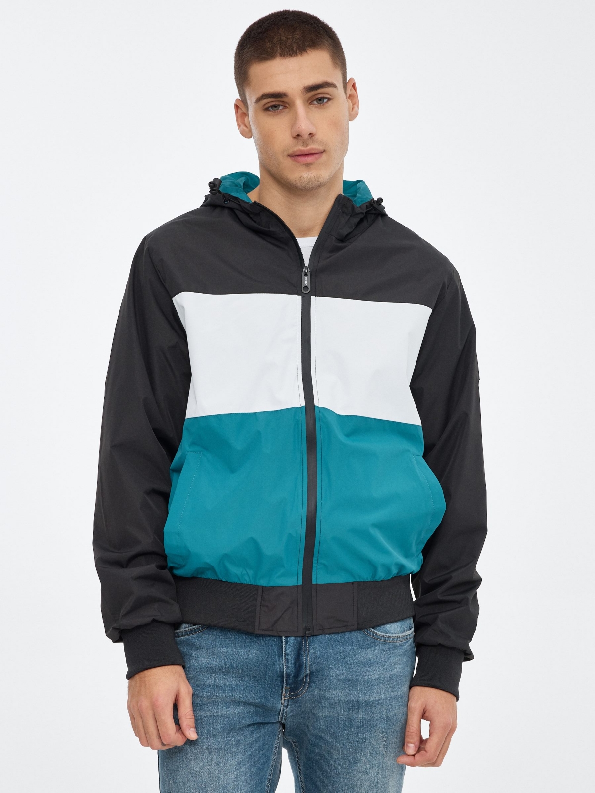 Lightweight hooded jacket black middle front view