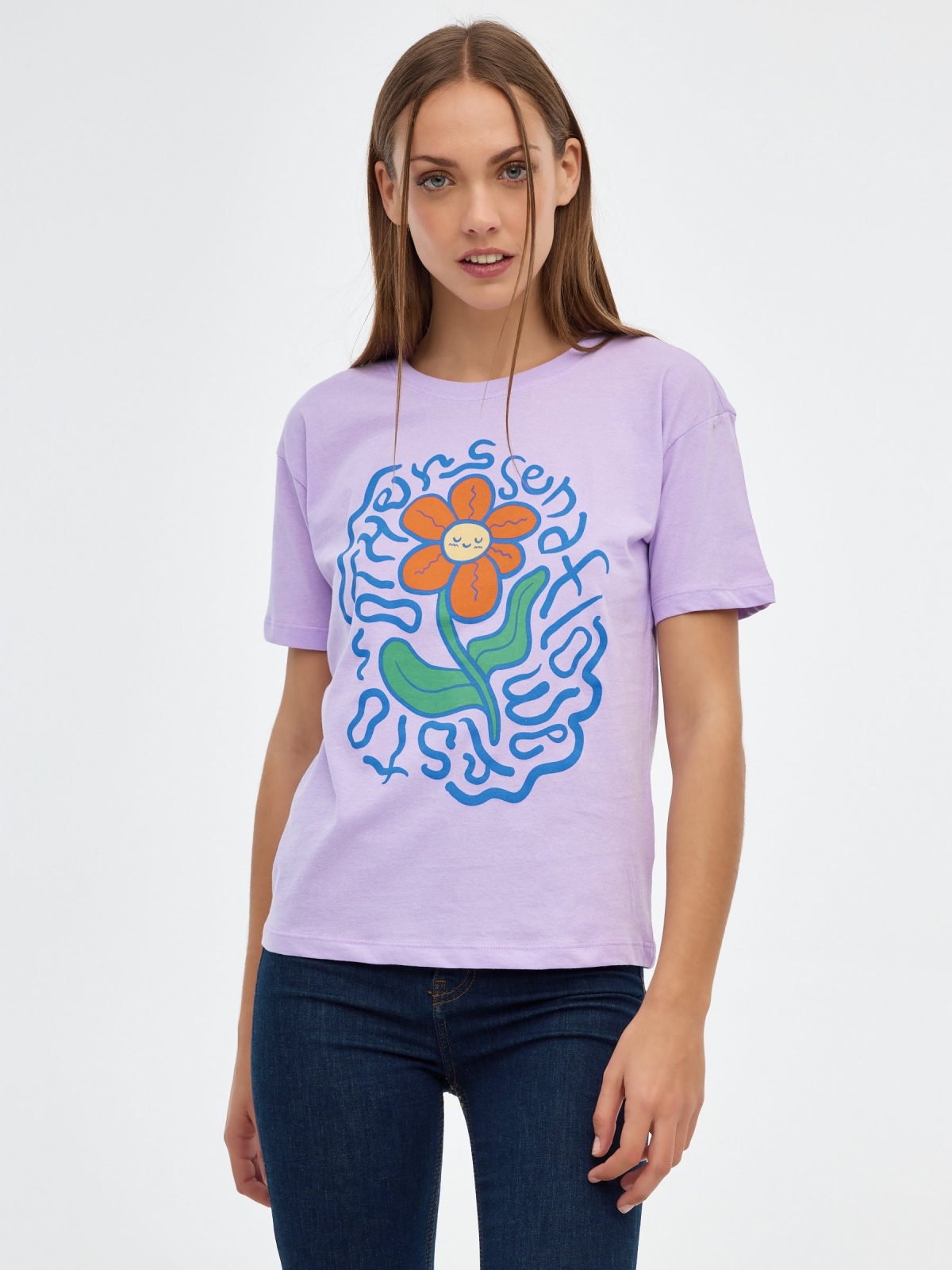 Flower print t-shirt lilac middle front view