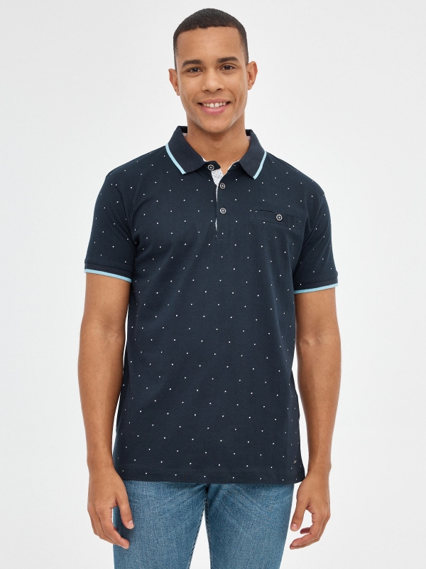 Miniprint printed polo shirt navy middle front view