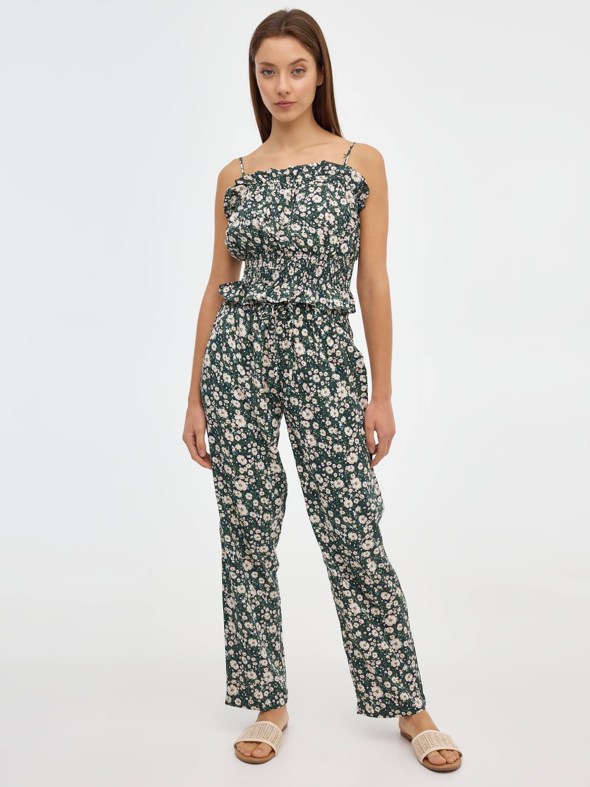 Flowing floral print pants navy middle front view