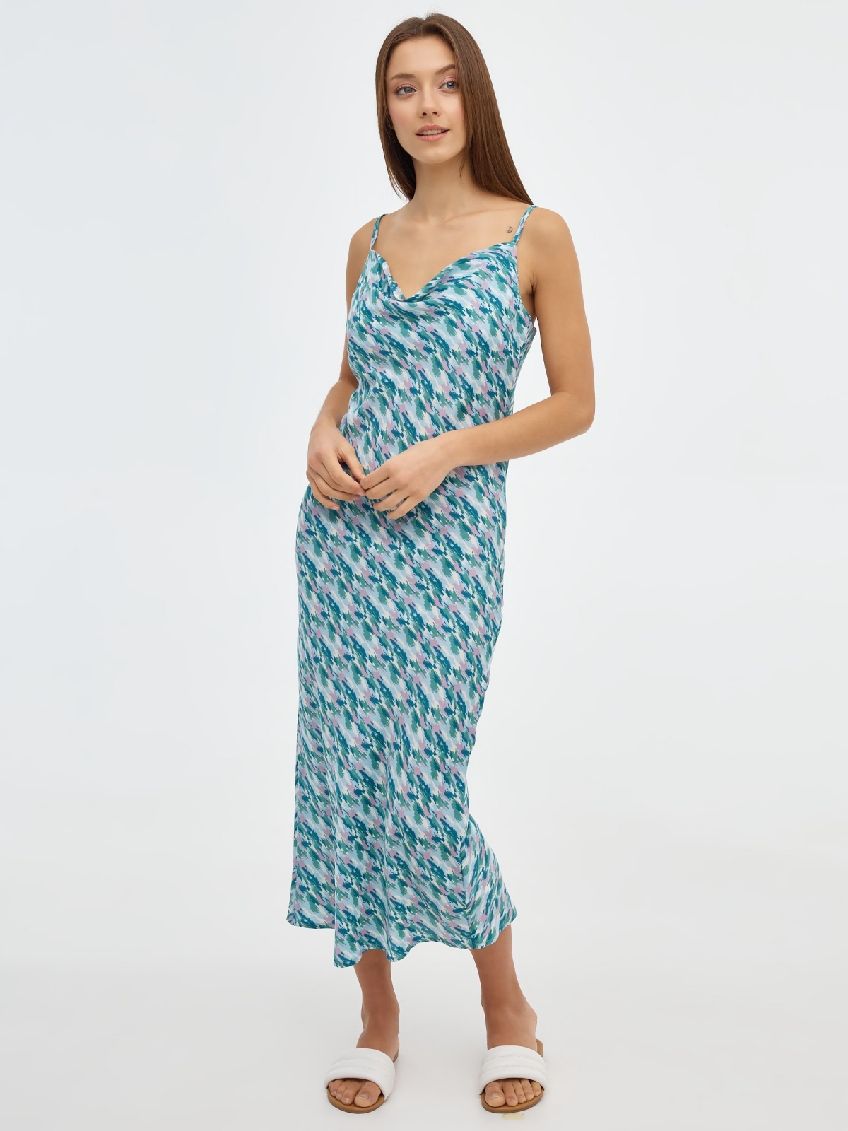Satin printed midi dress light blue middle front view