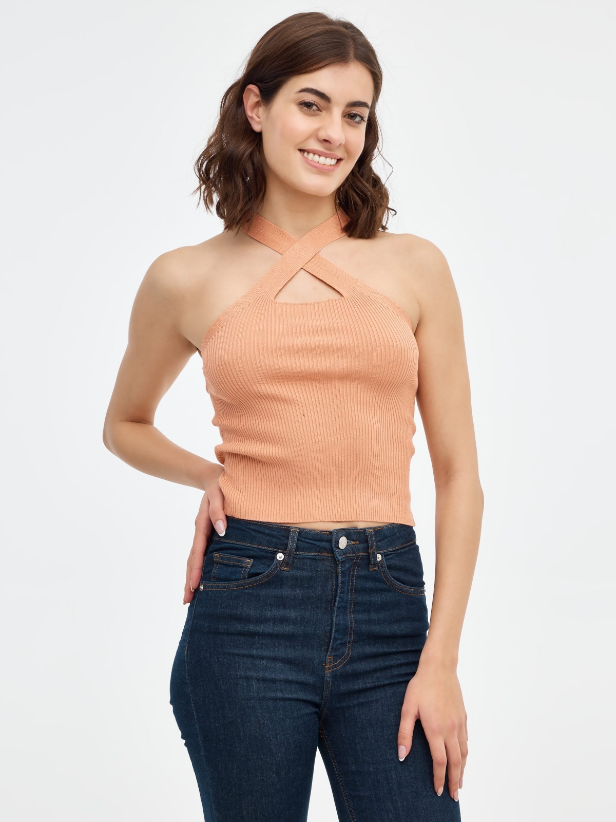 Halter top with crossover neckline salmon middle front view