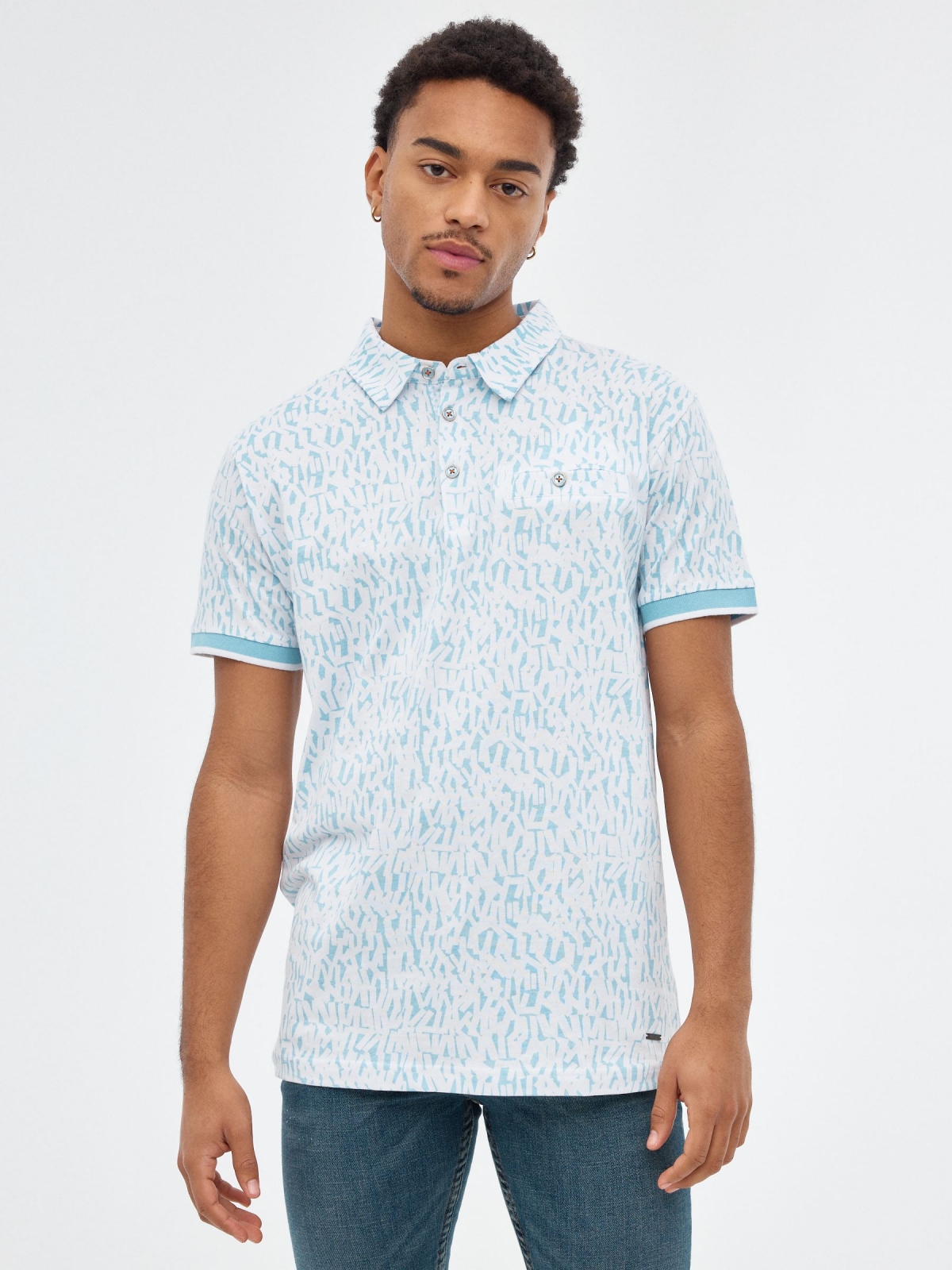 Letter printed polo shirt light blue middle front view