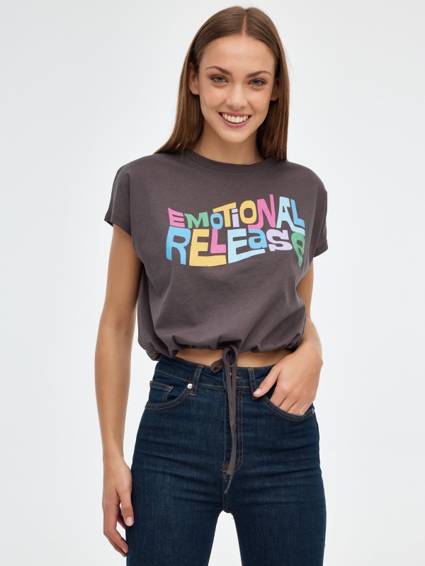 Crop Emotional Release T-shirt dark grey middle front view