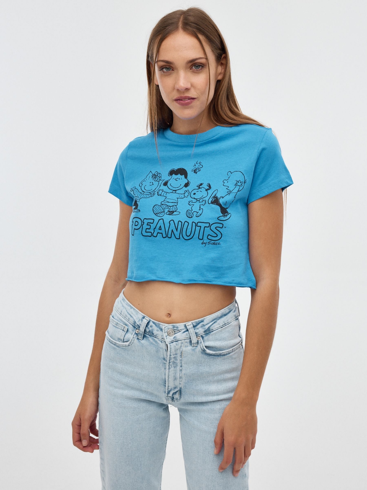 T-shirt Peanuts azul vista meia frontal