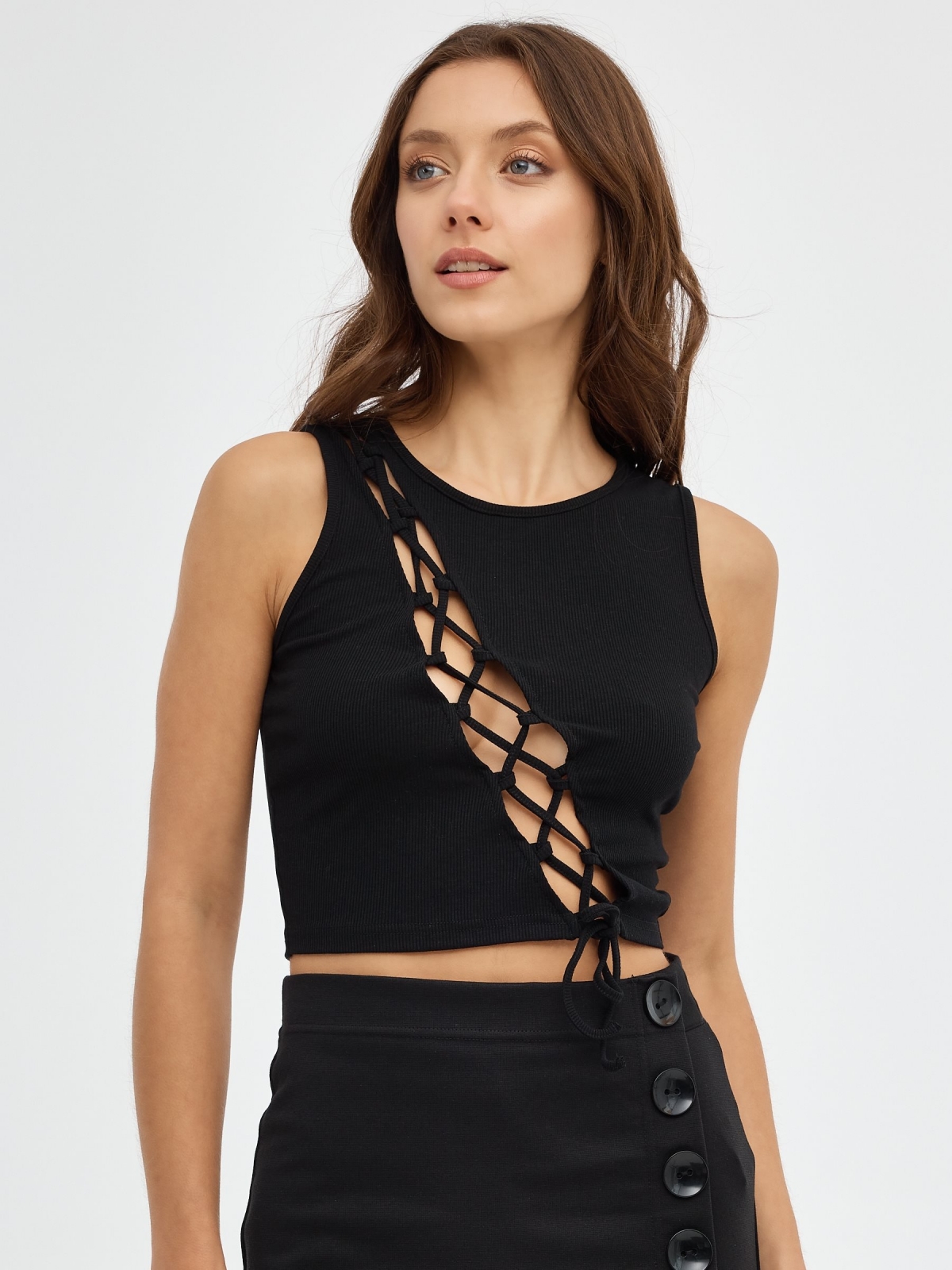 Rib Lace Up T-Shirt black middle front view
