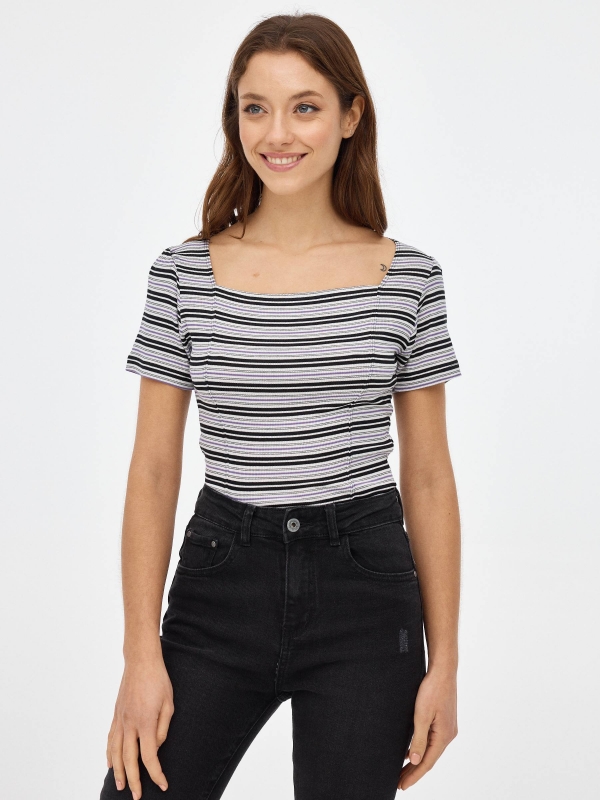 Striped cropped t-shirt grey middle front view