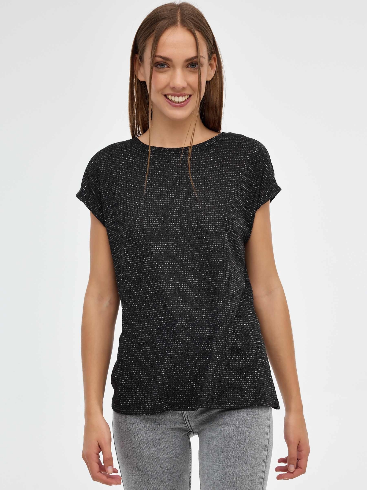 Metallic fabric T-shirt black middle front view