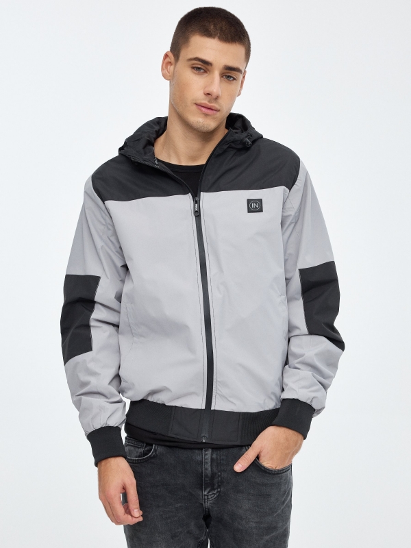 Lightweight hooded jacket grey middle front view