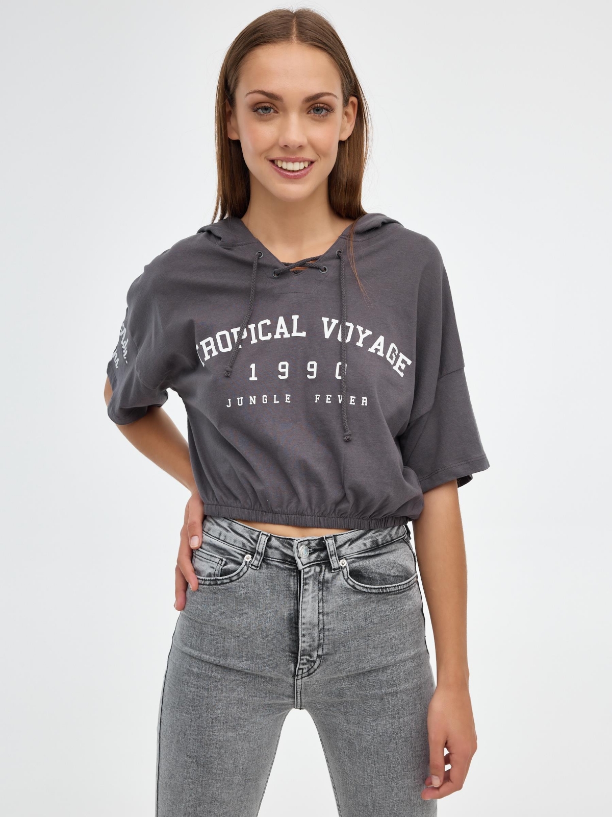 Tropical Voyage hooded t-shirt dark grey middle front view