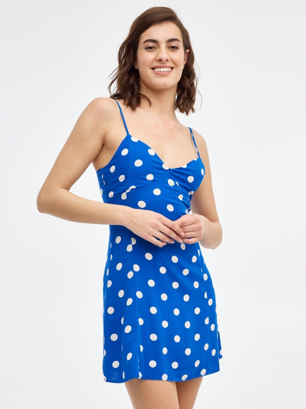 Mini-vestido de pontos Polka azul eléctrico vista meia frontal