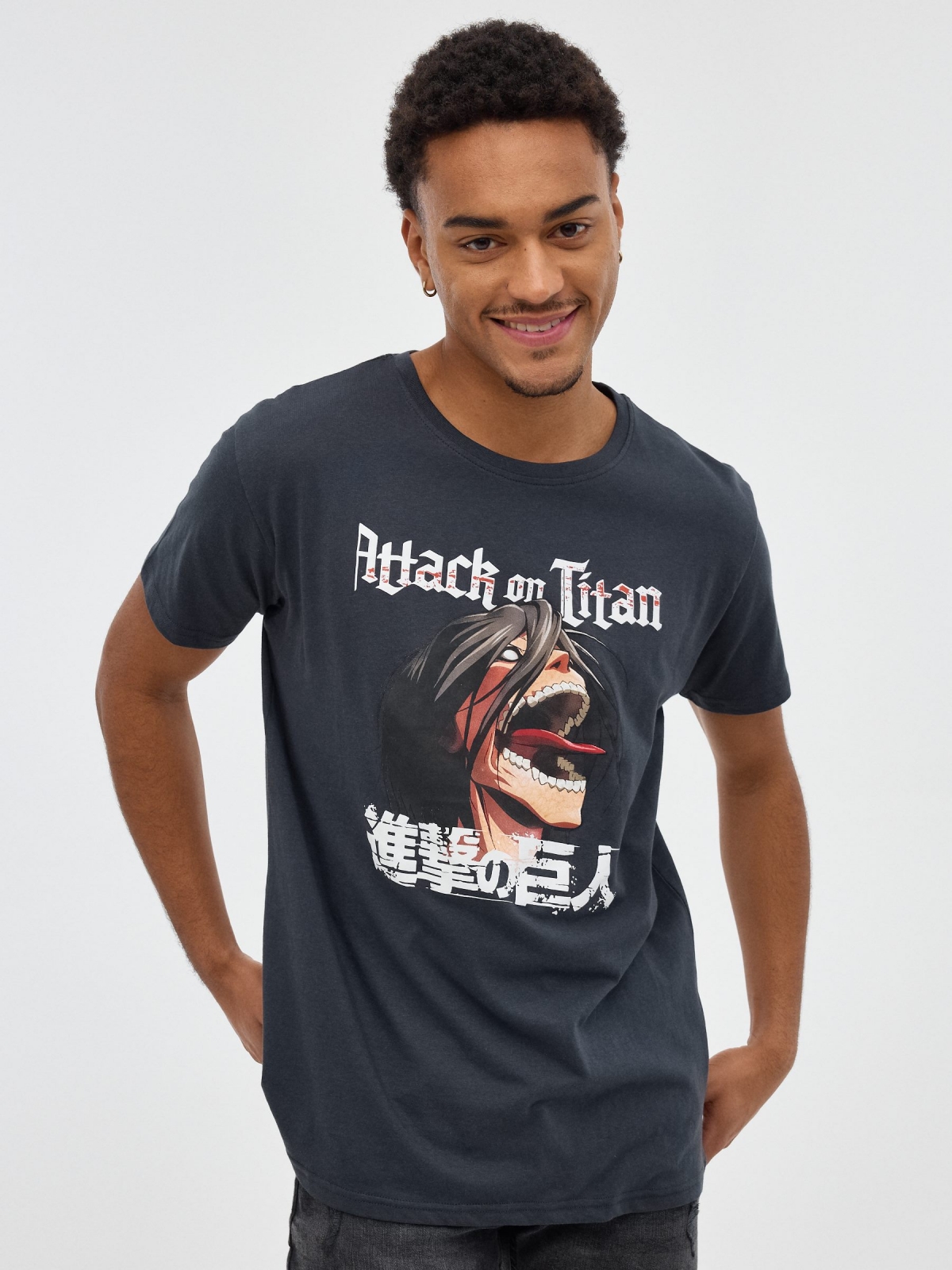 Attack on Titan printed t-shirt dark grey middle front view