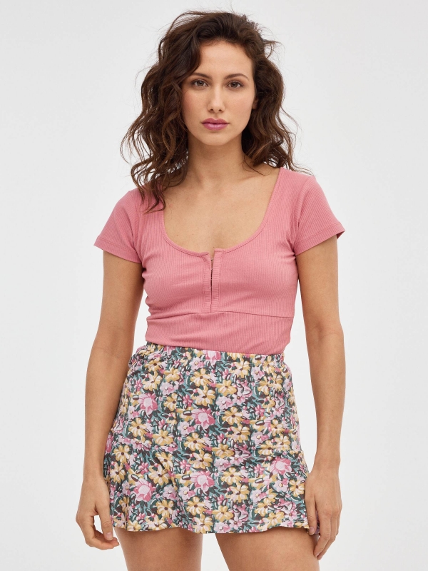 Mini skirt with ruffled flower print multicolor middle front view