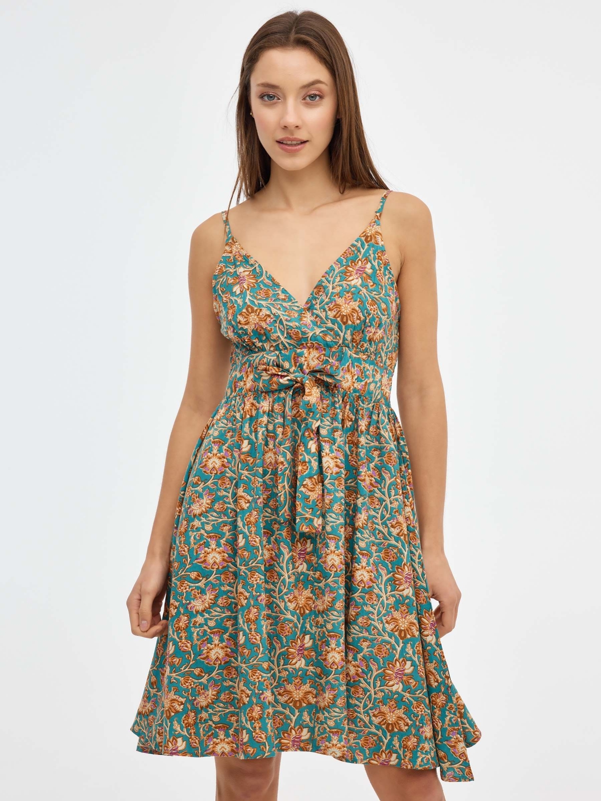 V-neck mini print dress multicolor middle front view