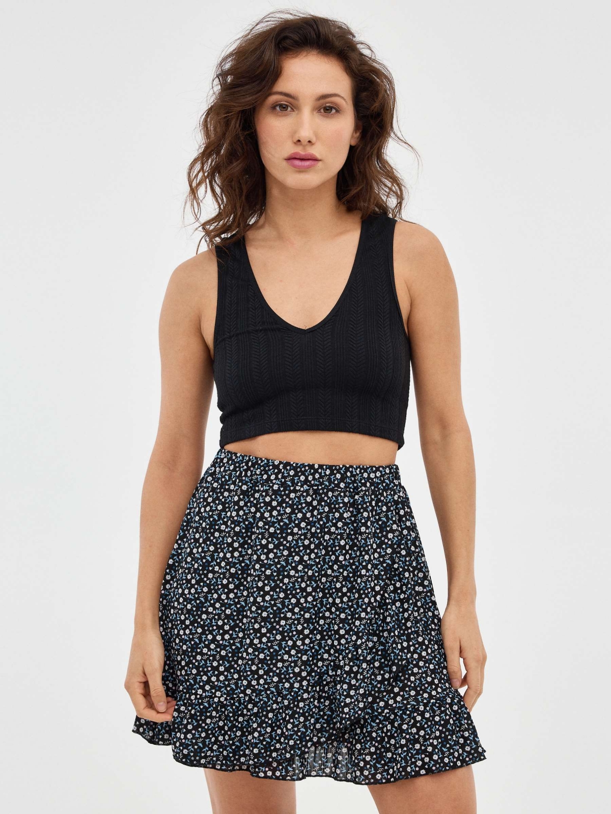Ruffled wrap floral skirt black middle front view