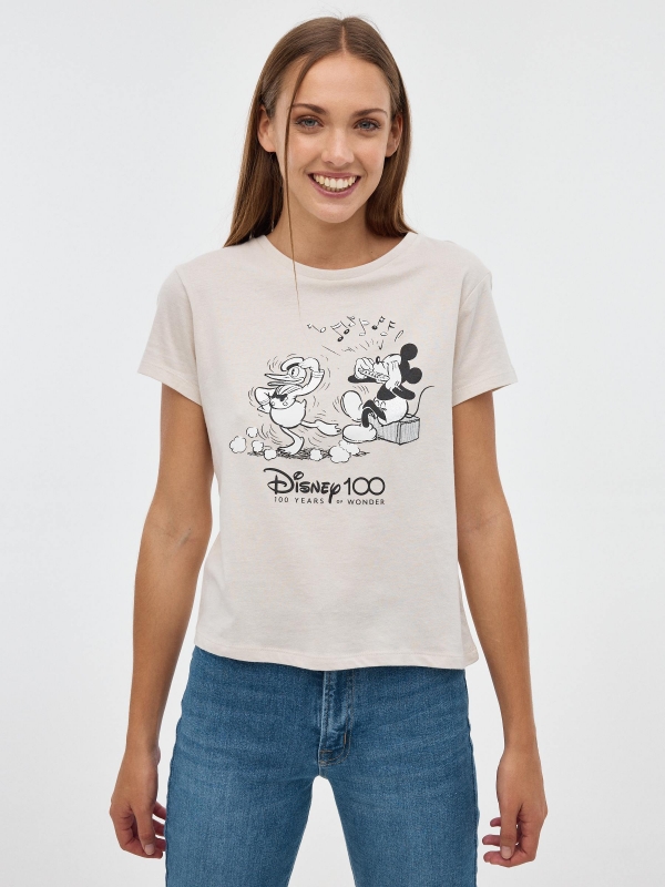 100 anos T-shirt de impressão Disney cinza claro vista meia frontal