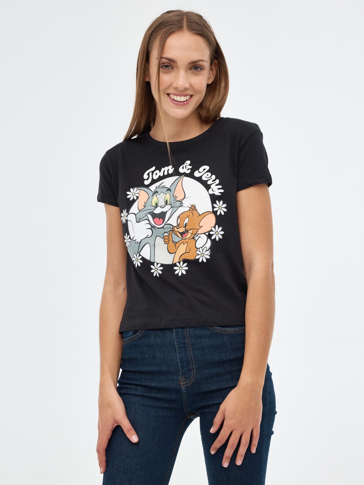 T-shirt Tom & Jerry preto vista meia frontal