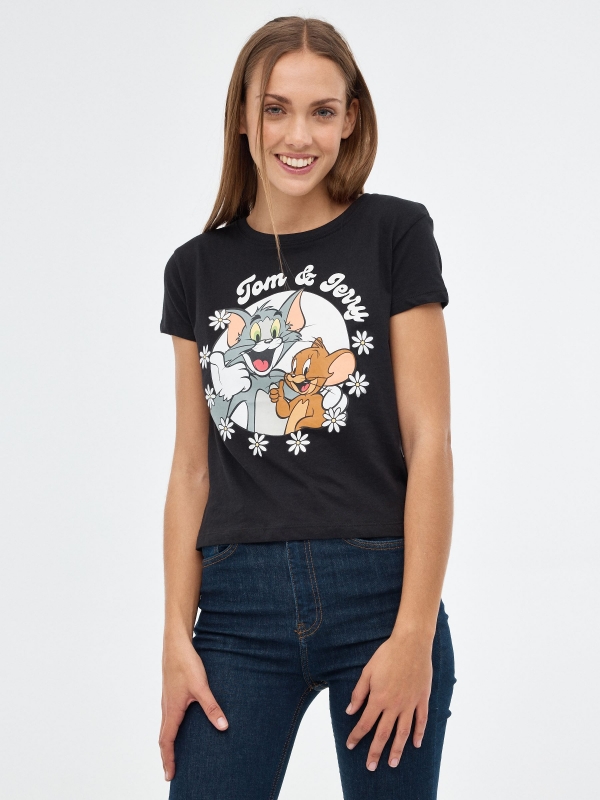 T-shirt Tom & Jerry preto vista meia frontal