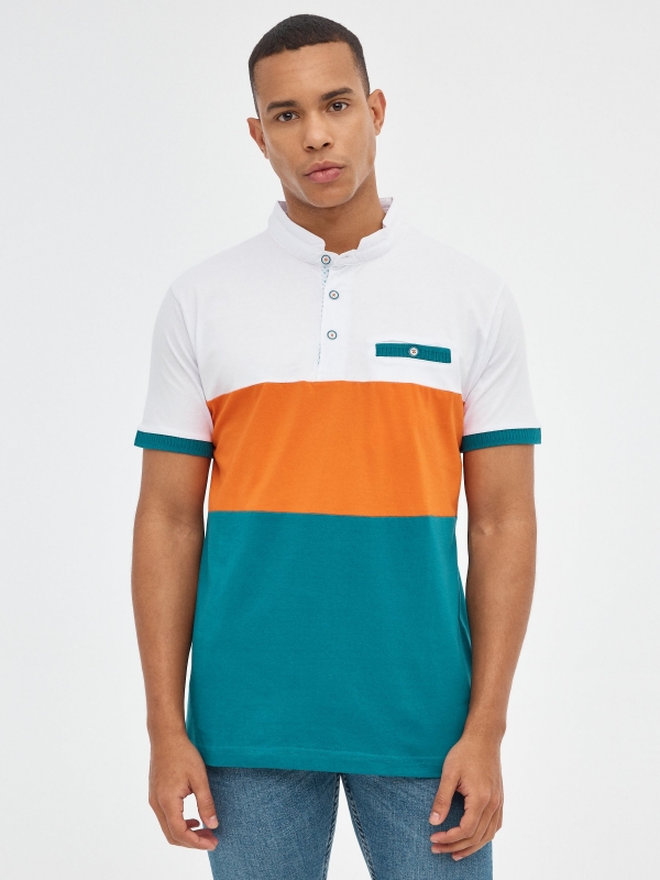 Color block polo shirt emerald middle front view