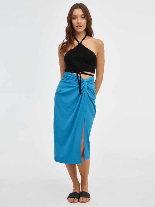Midi skirt with knot blue middle front view