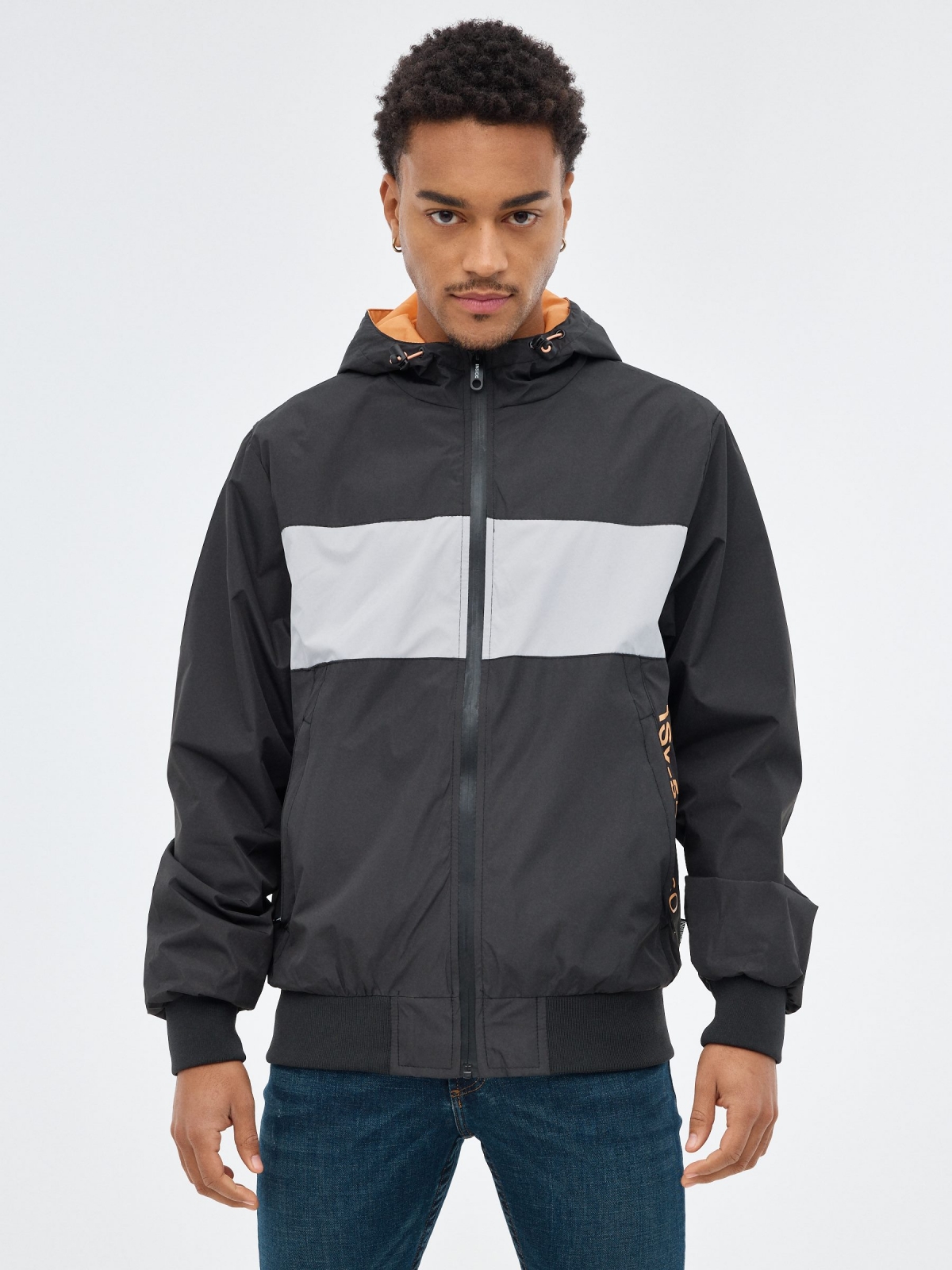Lightweight nylon jacket B/W dark grey middle front view