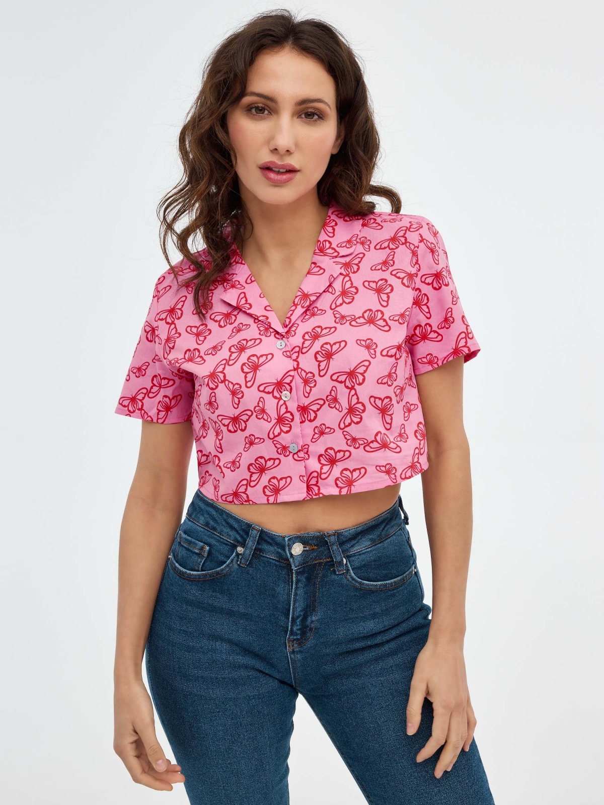 Printed crop shirt bubblegum pink middle front view