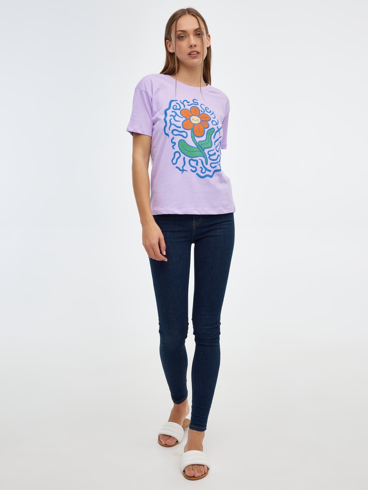 Flower print t-shirt lilac front view