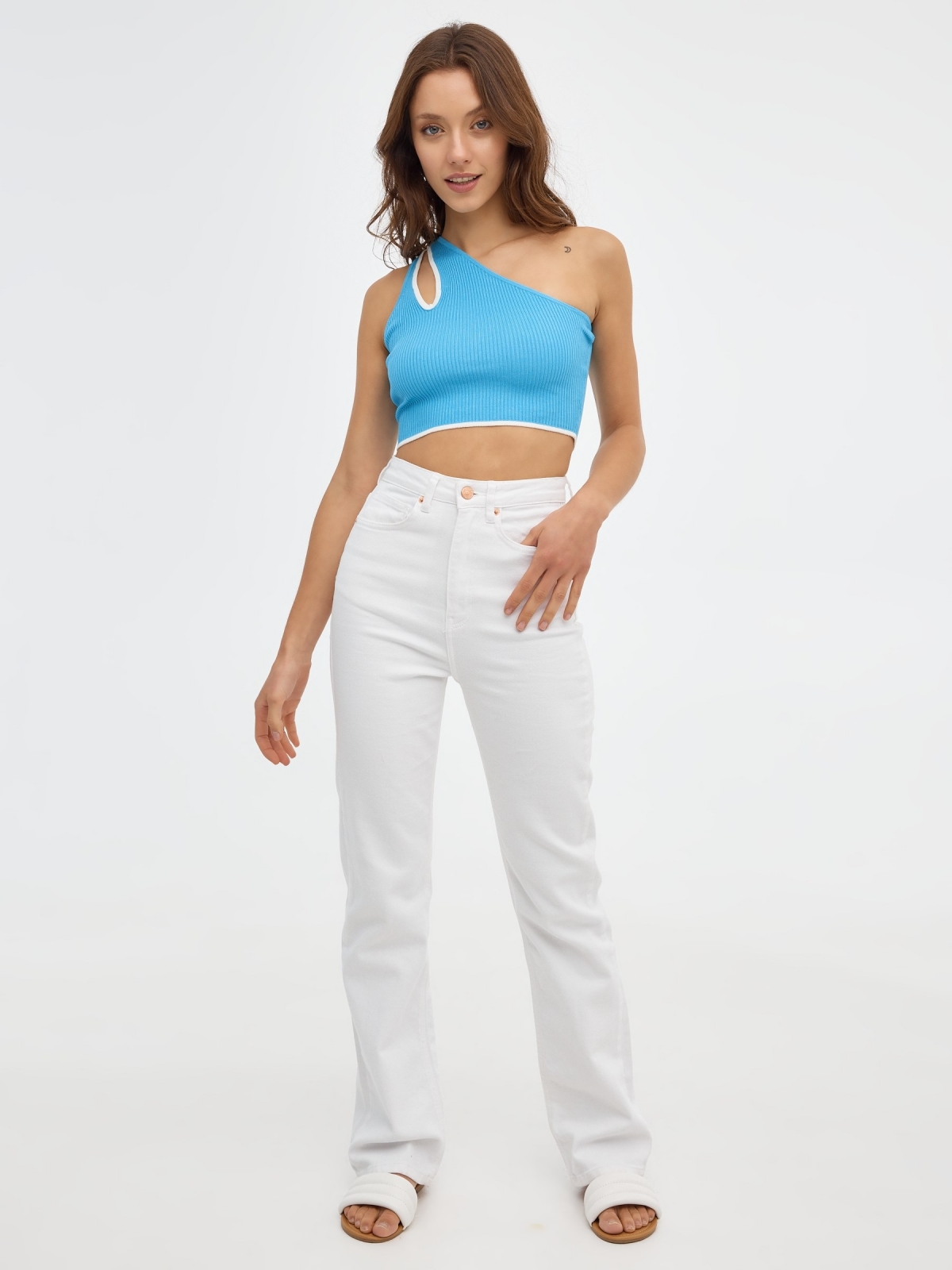 Asymmetrical knitted top sky blue front view