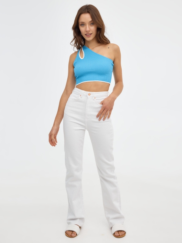 Asymmetrical knitted top sky blue front view