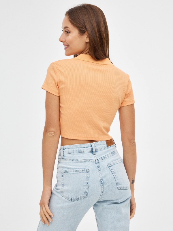 Polo neck crop t-shirt salmon middle back view