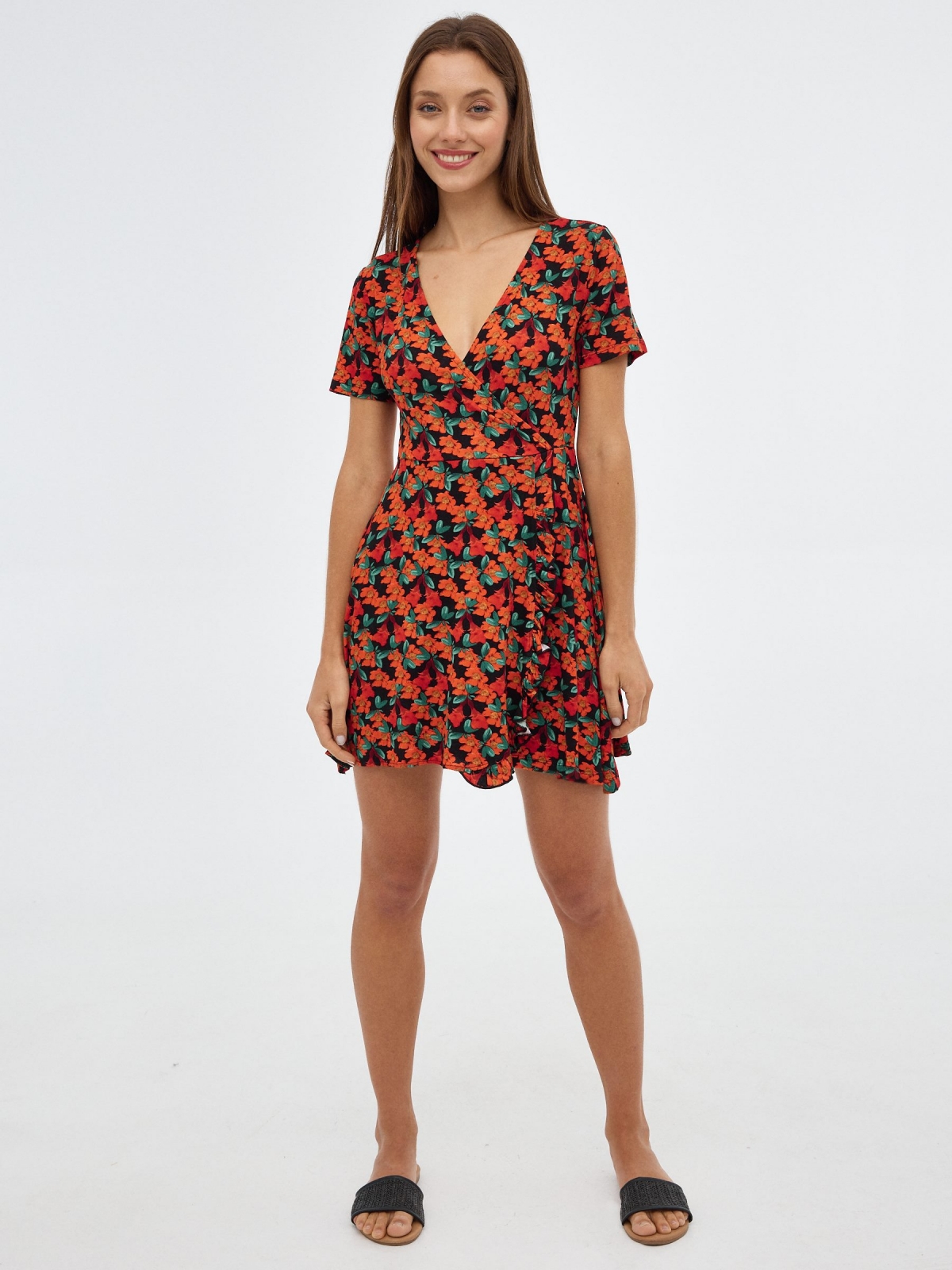 Floral mini dress red front view