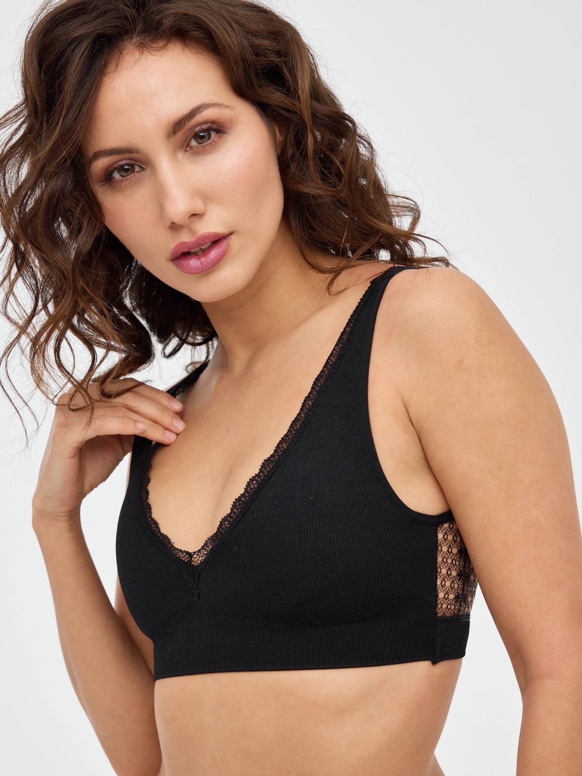 Rib bra with lace black back view