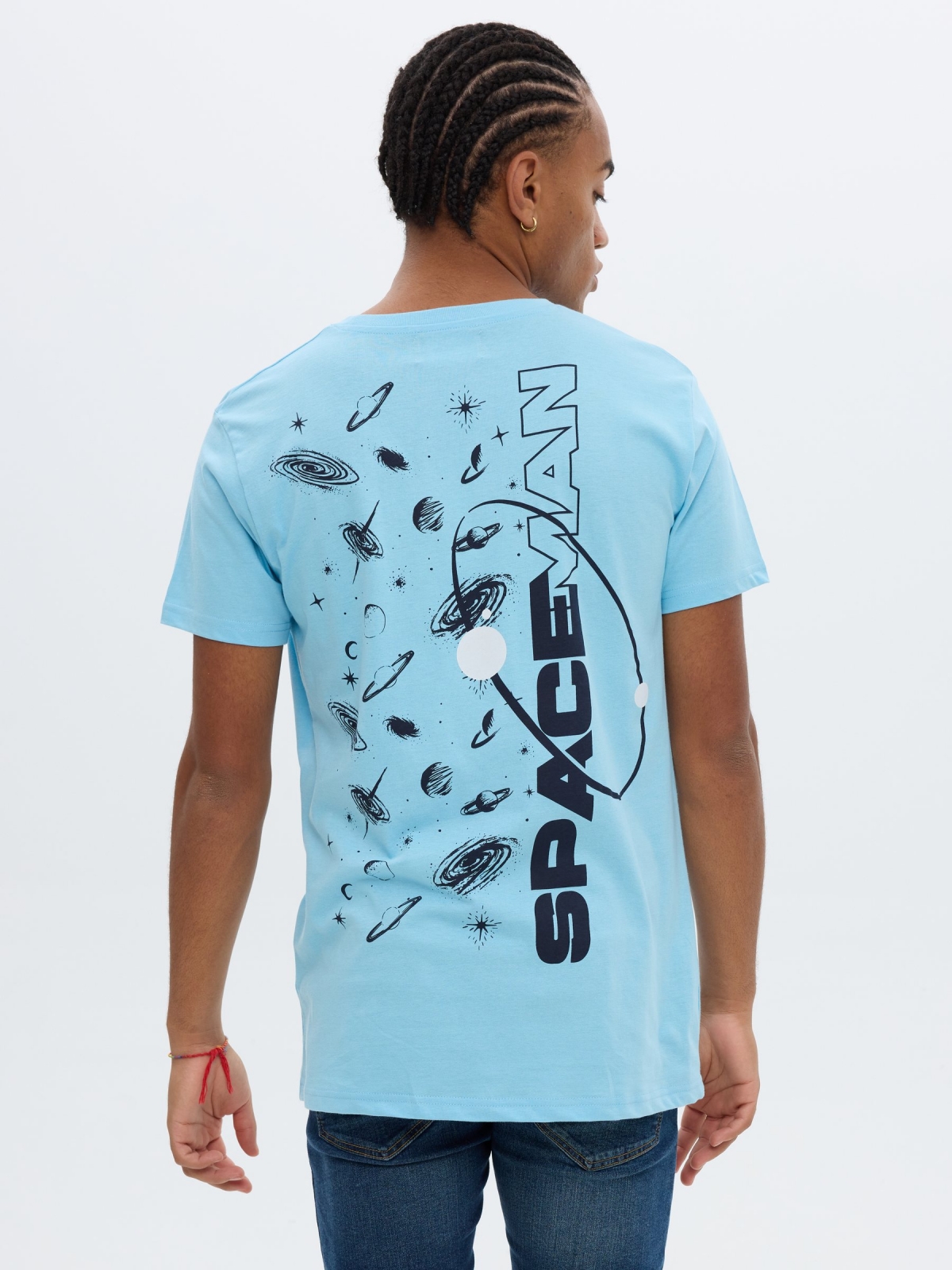 Space T-shirt light blue middle back view