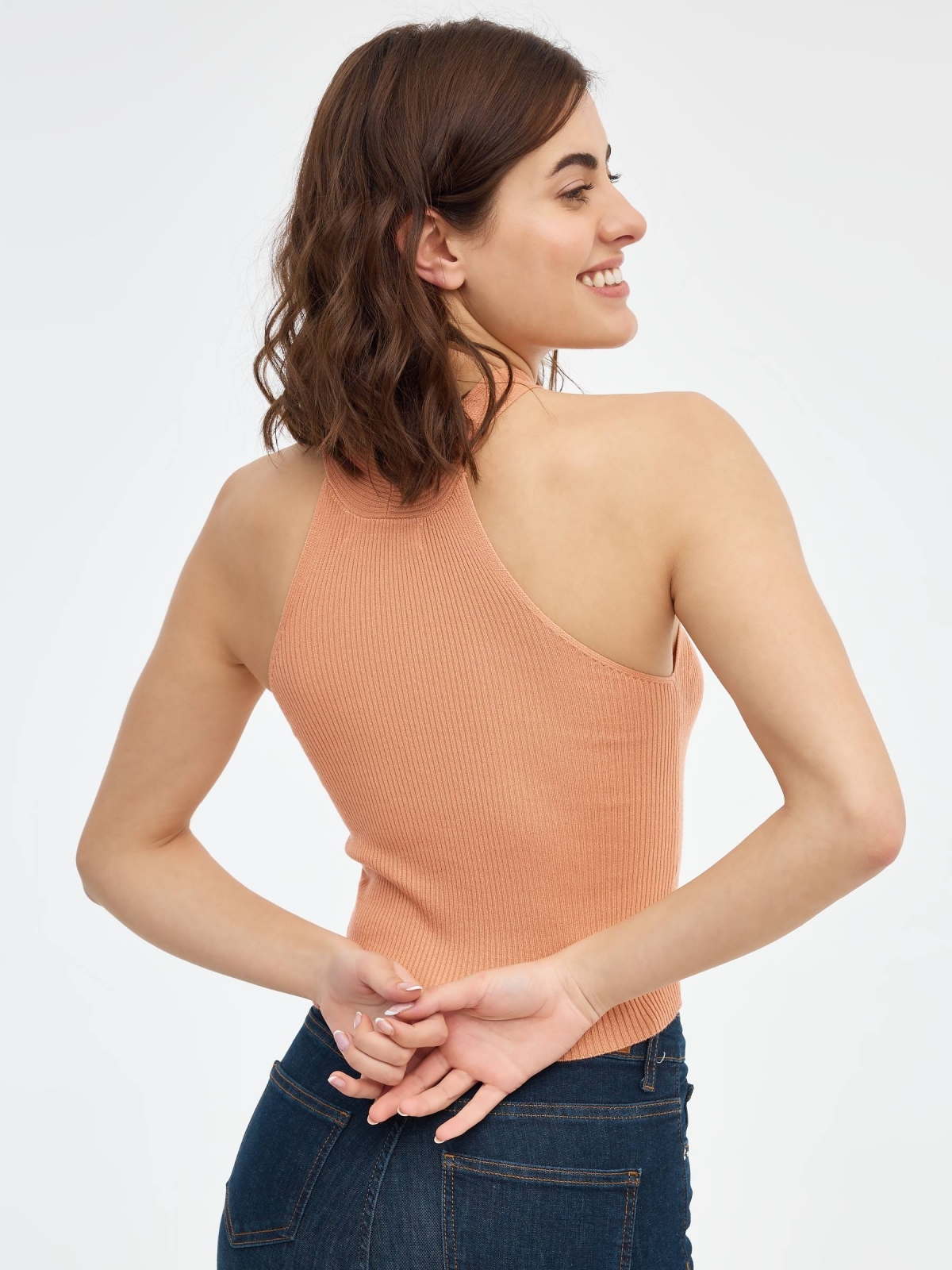 Halter top with crossover neckline salmon middle back view