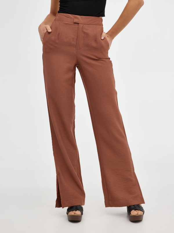 Straight pants with slits brown middle back view